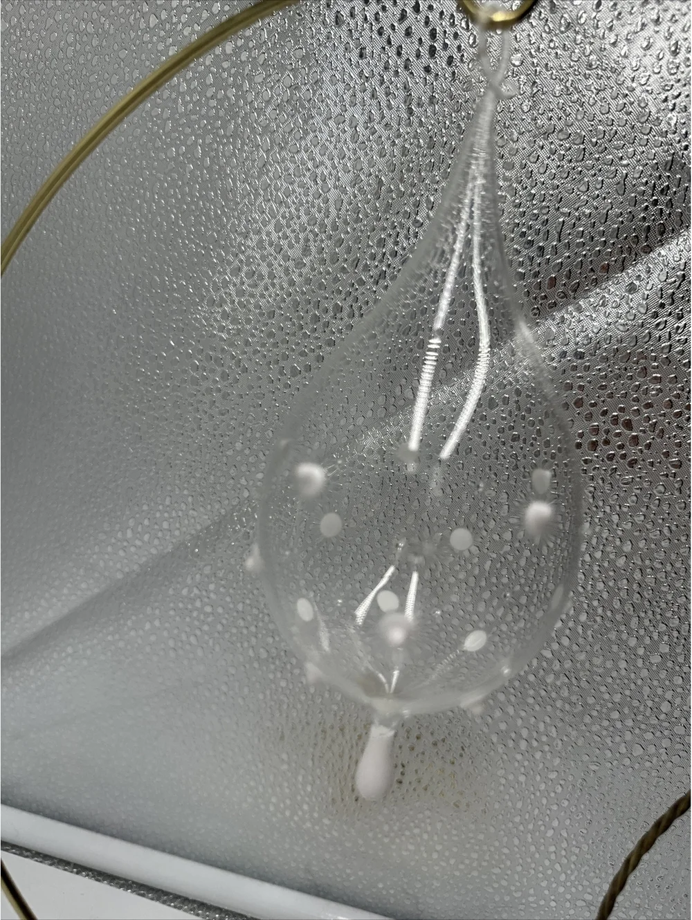 4 vintage Hand Blown, teardrop,  Christmas ornaments,Clear glass With White Dots